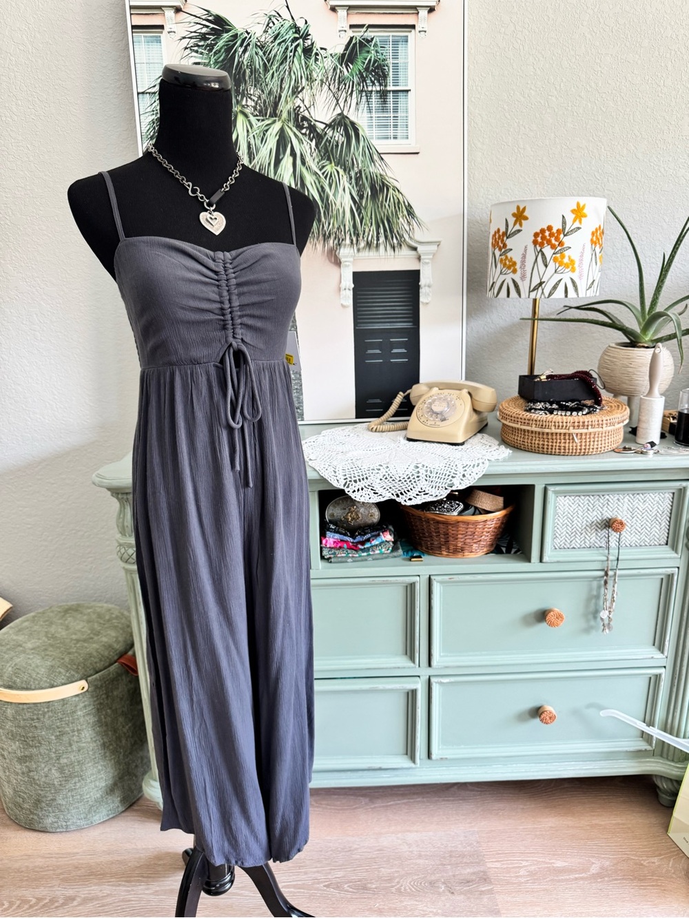 O'Neill Slate Gray Smocked Spaghetti Strap romper